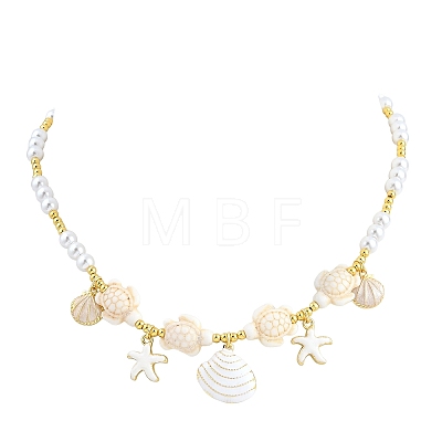 Ocean Brass Enamel Starfish Shell Shape Pendant Round ABS Imitation Pearl Beaded Necklaces KK-CBA4547-04D-G-1