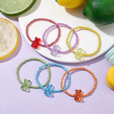 6 PCS Rainbow Style Bear Shape Acrylic Beaded Bracelets Set for Children BJEW-JB10066-1