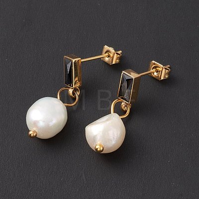 Jet Rhinestone Rectangle with Natural Pearl Dangle Stud Earrings EJEW-E264-04-1