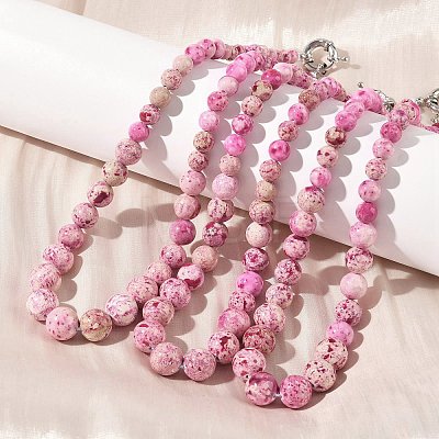 Dyed Natural Fossil Graduated Round Beaded Necklaces NJEW-F368-03P-1