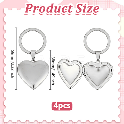 4Pcs 316 Stainless Steel Heart Locket Pendant Keychains KEYC-PH01618-1