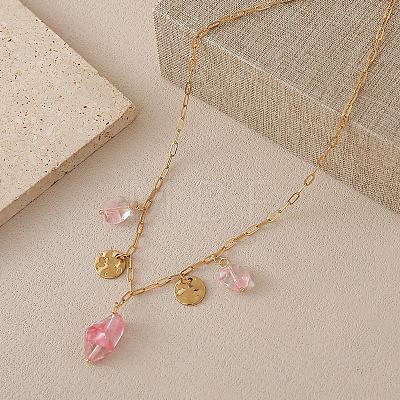 European Style Nuggets Glass & Stainless Steel Coin Pendant Paperclip Chain Necklaces for Women TV7239-1-1