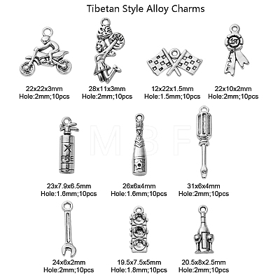 100Pcs 10 Styles Tibetan Style Racer Theme Alloy Pendants TIBEP-CJ0001-86-1