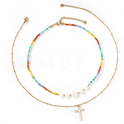 Summer Beach Rainbow Natural Mixed Stone and White Shell Heart Beaded Double Layer Necklaces with Stainless Steel Religion Cross Pendant EX6128-1-1