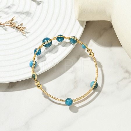Herringbone Wire-Wrapped Natural Apatite Brass Cuff Bangles BJEW-JB14039-01-1