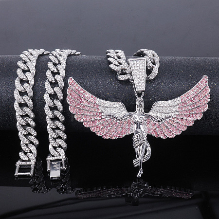 Zinc Alloy Full Light Rose Rhinestone Goddess with Angel Wings Pendant Cuban Link Chain Necklaces for Women FS-WGAC8C0-03-1