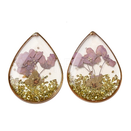 Brass & Transparent Epoxy Resin & Dried Flower Pendants RESI-G133-04G-03-1