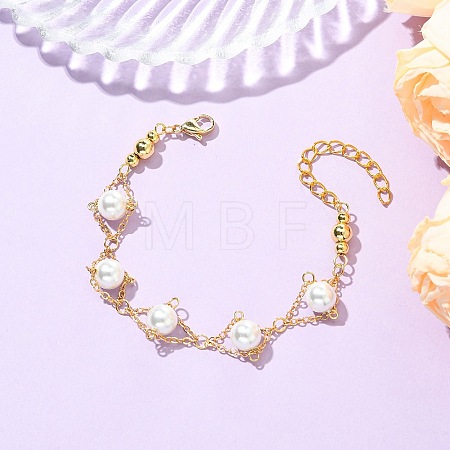 White Round Shell Pearl Brass Link Chain Bracelets for Women BJEW-JB14188-1