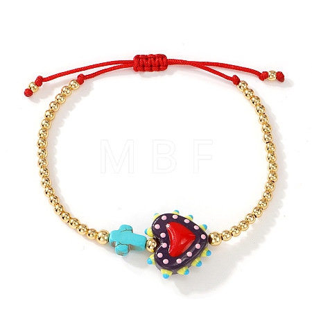 Heart Handmade Lampwork & Cross Synthetic Turquoise Bead Braided Bracelets IA3546-3-1