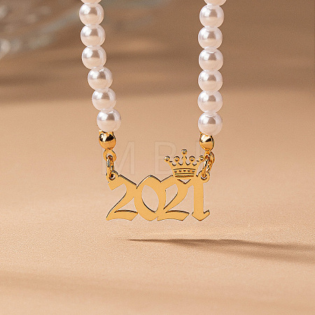 Alloy Crown Birth Year Pendant Imitation Pearl Round White Beaded Necklaces for Women FS-WG173C9-18-1