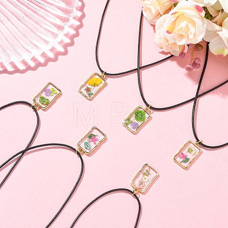 Transparent Resin Rectangle with Dried Flower Inner Pendant Black Waxed Cord Necklaces NJEW-JN06333-1