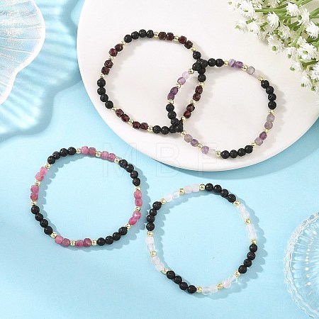 4Pcs 4 Styles Natural Mixed Stone Faceted Cube and Round Natural Lava Rock Beaded Stretch Bracelets for Women BJEW-JB14250-02-1
