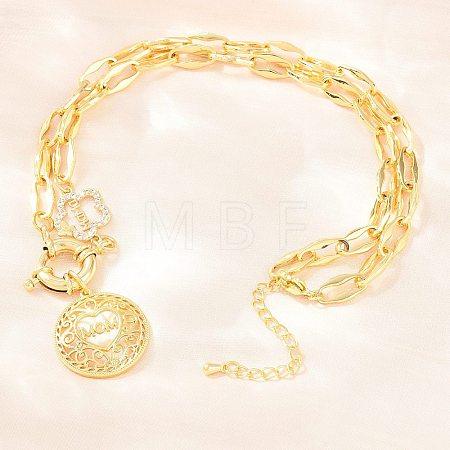 Mother's Day Brass Micro Pave Clear Cubic Zirconia Hollow Flat Round with Heart Mama Pendant Necklaces for Women NJEW-A071-05G-1
