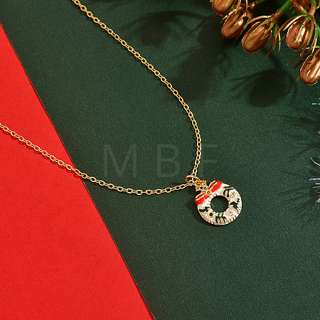 Cute Cartoon Brass Red White Green Emamel Christmas Wreath Pendant Necklaces for Holiday Festive Wear GL3657-1