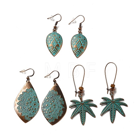 3 Pairs 3 Style Teardrop & Twist Rhombus & Coconut Tree Alloy Dangle Earrings Set EJEW-G330-02R-1