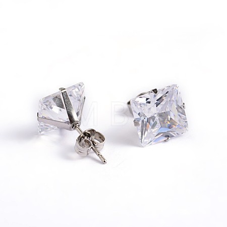 Square Cubic Zirconia Stud Earrings EJEW-H306-09P-8mm-1