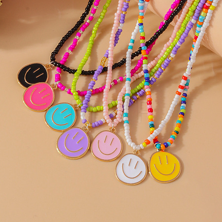 7Pcs 7 Colors Alloy Enamel Smiling Face Pendant Glass Seed Beaded Necklaces for Women FS-WGD322E-08-1