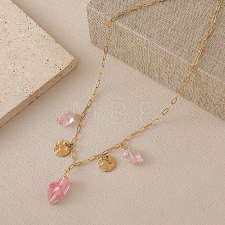European Style Nuggets Glass & Stainless Steel Coin Pendant Paperclip Chain Necklaces for Women TV7239-1-1