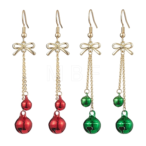 2Pairs 2 Colors Christmas Theme Brass Bell & Bowknot Dangle Earrings EJEW-JE05824-1