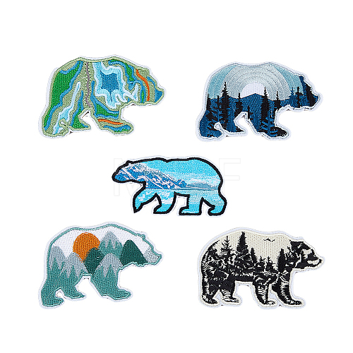 5Pcs 5 Style Polar Bear with Scenery Computerized Embroidery Cloth Iron on/Sew on Patches DIY-HY0001-53-1