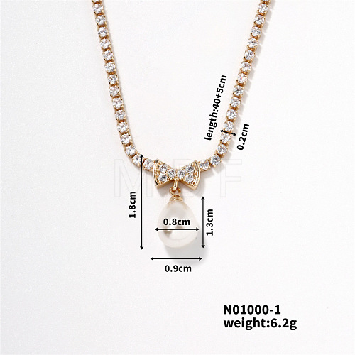 Elegant Pearl Pendant with Shiny Diamond Chain Necklace Jewelry for Women TF6886-1-1