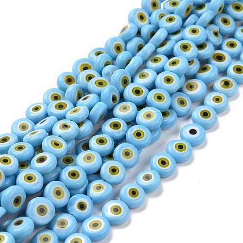 Handmade Evil Eye Lampwork Flat Round Bead Strands LAMP-L058-8mm-17-1