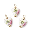 Heart Shaped Pink Floral Printed Porcelain Pendants PALLOY-JF03972-1