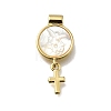 Brass Pave Natural White Shell Flat Round with Cross Pendants KK-C090-40G-06-1