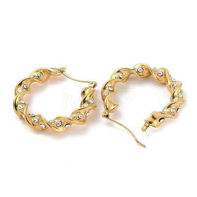 Ion Plating(IP) 304 Stainless Steel Twist Round Hoop Earrings with Rhinestones for Women EJEW-A104-20G-1