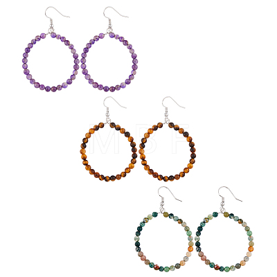 FIBLOOM 3 Pairs 3 Style Natural Mixed Gemstone Beaded Ring Dangle Earrings EJEW-FI0001-91-1