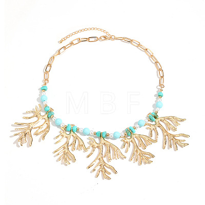 Boho Alloy Coral Shape Pendant Bib Necklaces with Resin Beads for Women WG3C14A-01-1