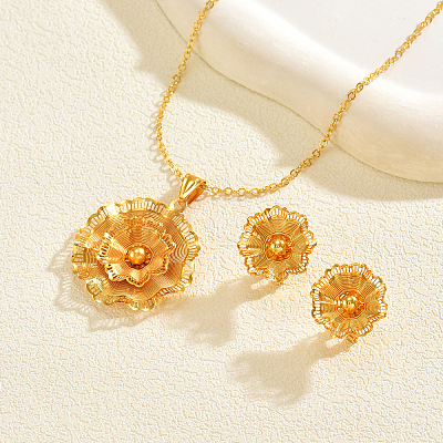Vintage Brass Flower Stud Earrings & Pendant Necklaces Sets for Women ZA3749-1