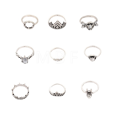 9Pcs Alloy Rhinestone Plain Band Rings PW-WG2EE61-01-1