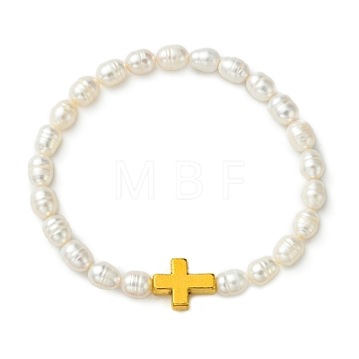 Natural Cultured Freshwater Pearl & Alloy Beads Stretch Bracelets for Women BJEW-JB14103-01-1