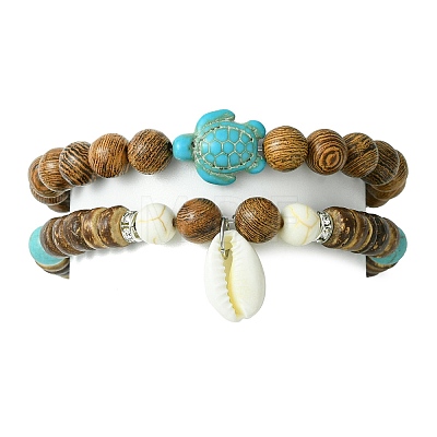 2Pcs 2 Style Synthetic Turquoise Tortoise & Natural Coconut Stretch Bracelets Set BJEW-JB09808-1