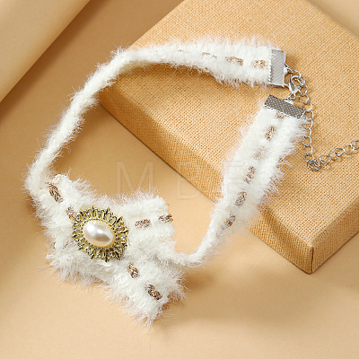 Alloy Pave Imitation Pearl Bowknot Fluffy Plush Choker Necklaces for Women HW5104-1-1