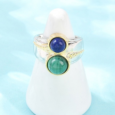 Natural Lapis Lazuli & Natural Malachite with Brass Cuff Open Rings RJEW-B163-01GP-04-1