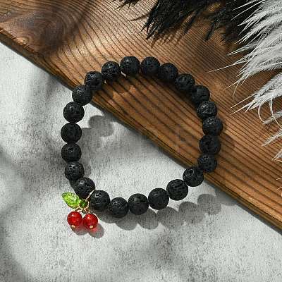 Natural Lava Rock Round Beaded Stretch Bracelet BJEW-JB09804-1