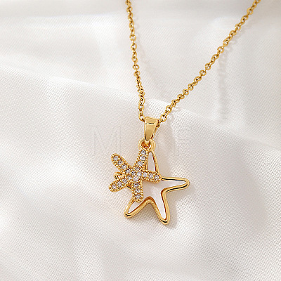 304 Stainless Steel Micro Pave Clear Cubic Zirconia Double Starfish Pendant Necklaces FS-WG2E0D3-01-1