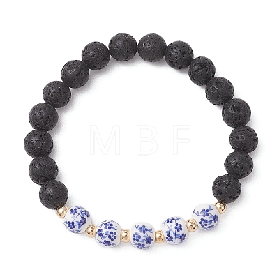 2Pcs Handmade Flower Printed Porcelain Ceramic & Natural Lava Rock Beads Stretch Bracelets for Women BJEW-JB13016-1