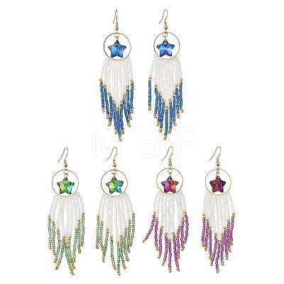Star Glass Seed Beaded Dangle Tassel Earrings EJEW-MZ00777-1