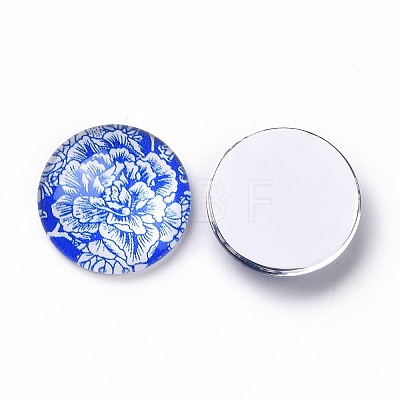 Blue and White Floral Printed Glass Flatback Cabochons X-GGLA-A002-20mm-XX-1