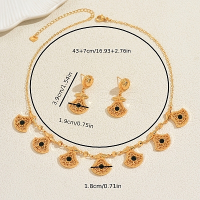 Ethnic Style Brass Micro Pave Cubic Zirconia Filigree Fan Pendant Necklace & Stud Earrings Sets for Women KU3704-1