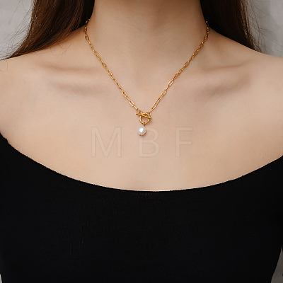Minimalist Imitation Pearl Rice Pendant Stainless Steel PaPerclip Chain Necklaces for Everyday Women's Wear OX8079-2-1