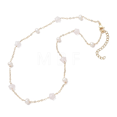Natural Rose Quartz Star & Natural Freshwater Pearl & Brass Link Chain Necklaces NJEW-JN05687-01-1