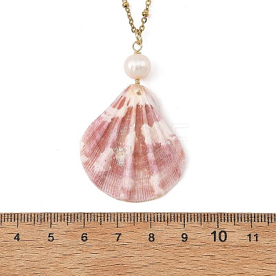 Natural Scallop Shell Pendant 304 Stainless Steel Satellite Chain Necklaces with Natural Pearl NJEW-JN06547-1