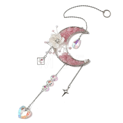 Flower Moon Metal & Natural Rose Quartz Chips Hanging Suncatcher GG-CBAB970-03A-1