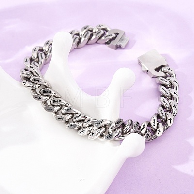 304 Stainless Steel Engraved Beast & Christian Upside Down Cross Cuban Link Chain Bracelets for Women Men BJEW-F529-17P-1