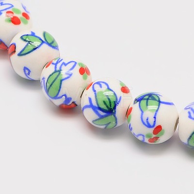 Handmade Flower Printed Porcelain Ceramic Beads Strands PORC-M006-8mm-M-1