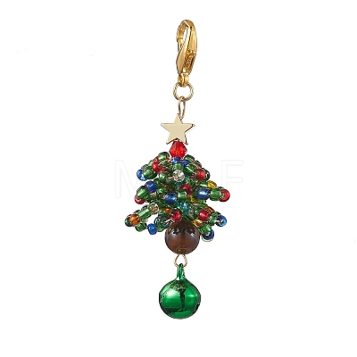 Christmas Tree Glass Seed Beads & Natural Tiger Eye Pendant Decorations HJEW-MZ00075-1